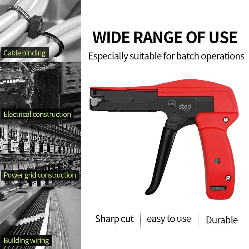 stedi Cable Tie Gun, Ergonomic Hand Operated Zip Tie Gun [Premium], Sharp and Wear Resistant, Cable Wire Fastening and Cut-Off Tie Tool, Special for Cut Plastic Nylon Ties, Red, 6.3 Inches Length - Image 4